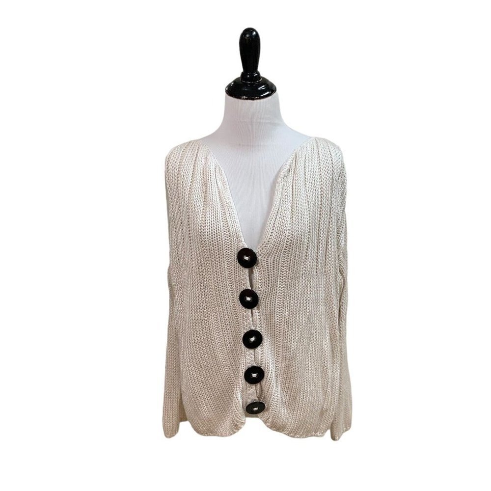 PURE Handknit Women's Knit Cardigan Sweater S/M Big Decorative Buttons Beige